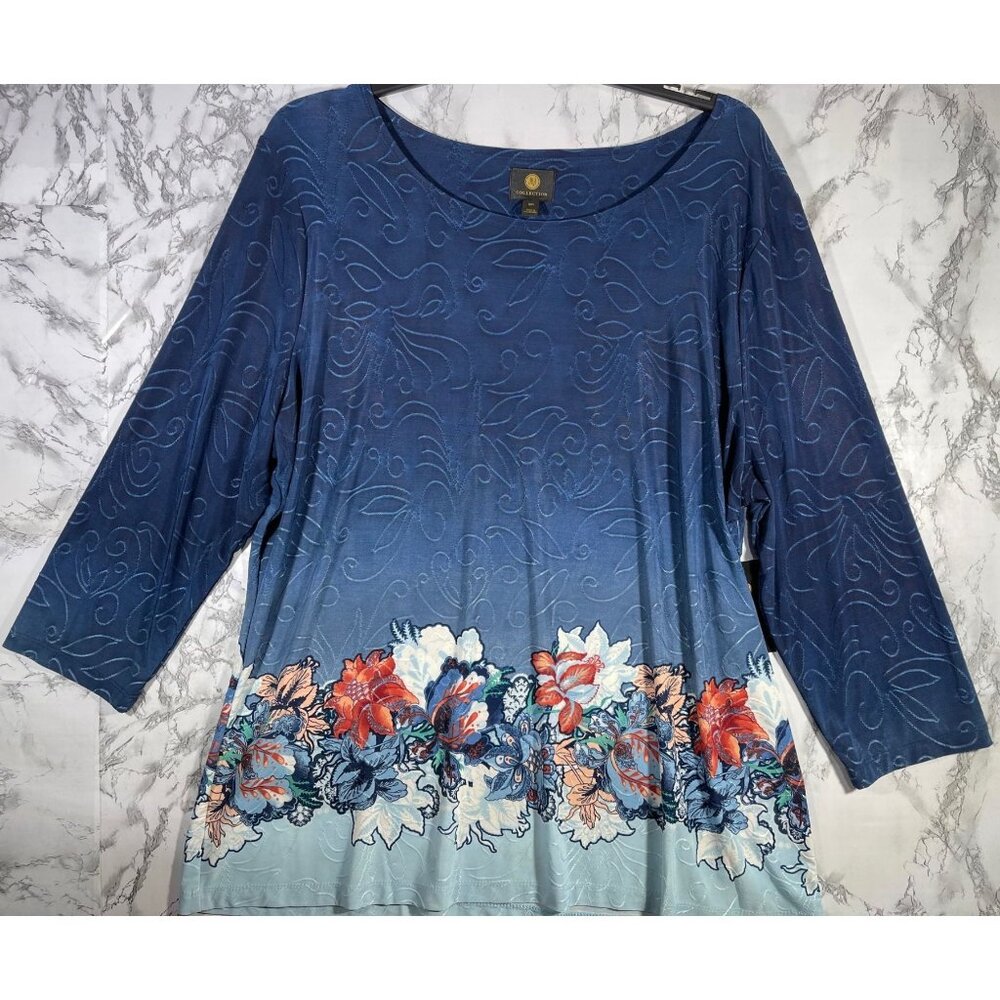 JM Collection Womens Sz XXL Jacquard Knit Floral Top Intrepid Blue CB Polyester